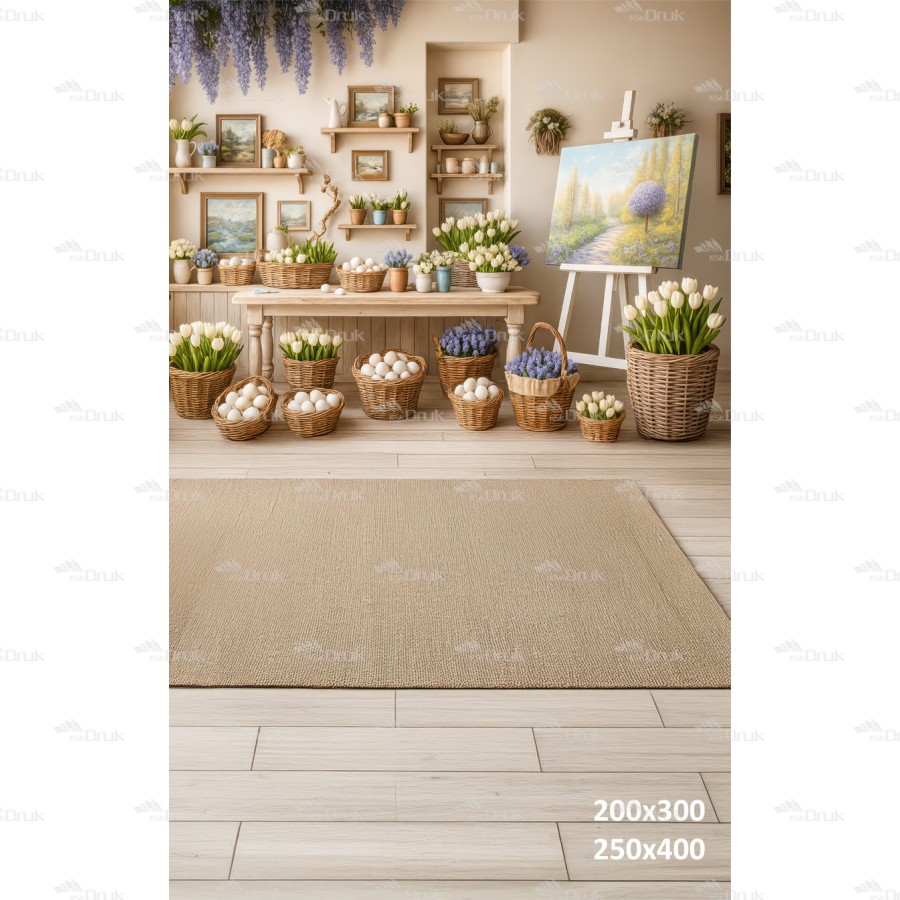 Tło fotograficzne „Wiosenna pracownia artystyczna z koszami kwiatów” | E612